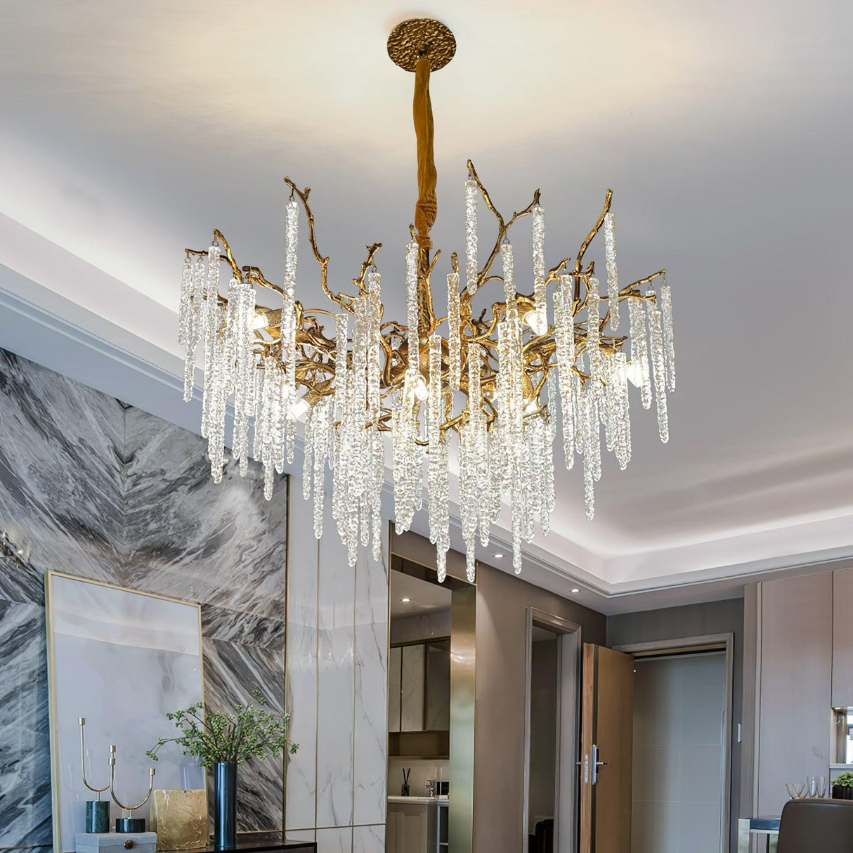 Crystal Icicles Branch Brass Chandelier